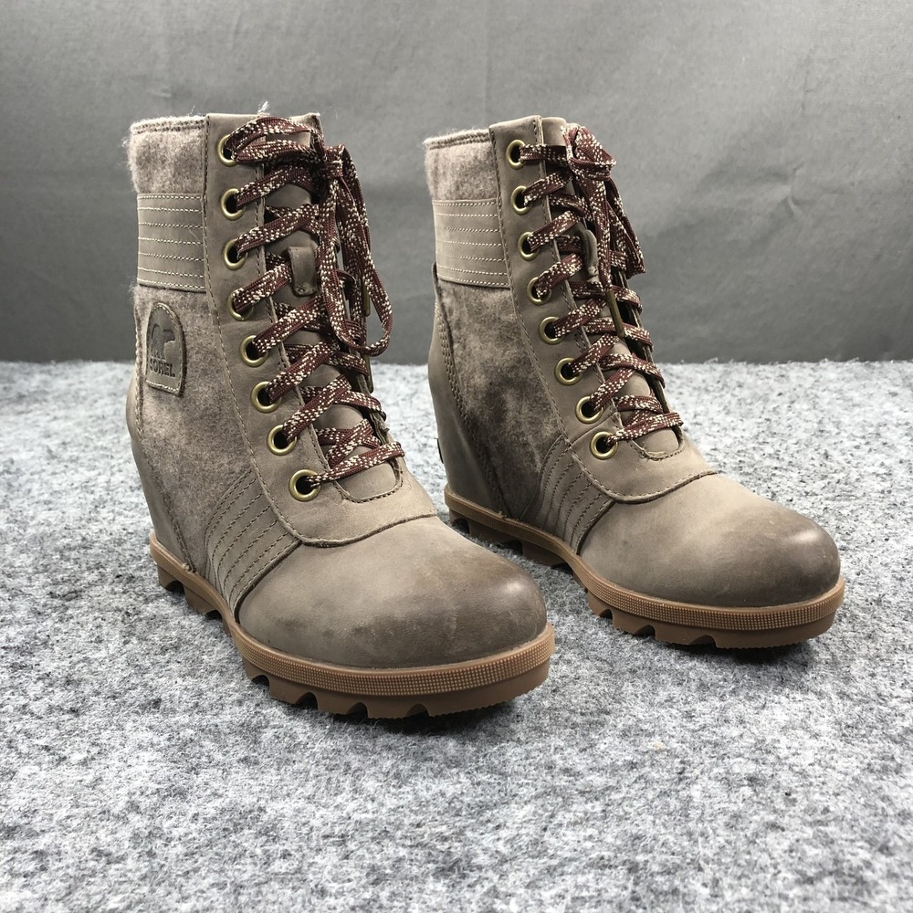Sorel Lexie Wedge Ankle Booties Womens 8 Brown Nubuck Felt Lace Up NL3778-297